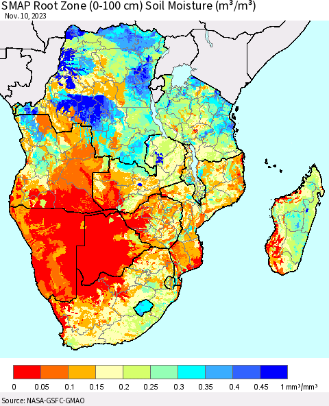 Southern Africa SMAP Root Zone (0-100 cm) Soil Moisture (m³/m³) Thematic Map For 11/6/2023 - 11/10/2023
