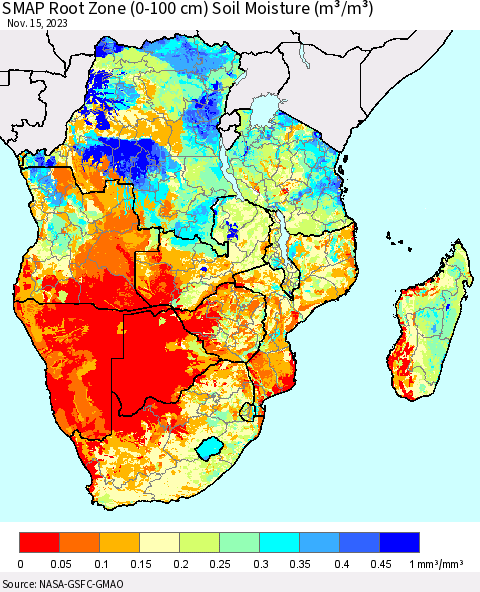 Southern Africa SMAP Root Zone (0-100 cm) Soil Moisture (m³/m³) Thematic Map For 11/11/2023 - 11/15/2023