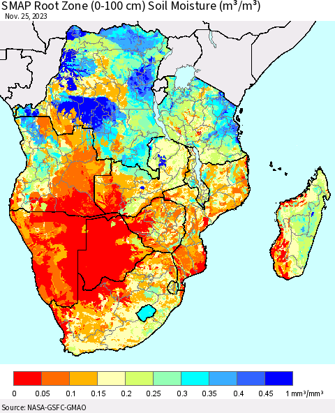 Southern Africa SMAP Root Zone (0-100 cm) Soil Moisture (m³/m³) Thematic Map For 11/21/2023 - 11/25/2023