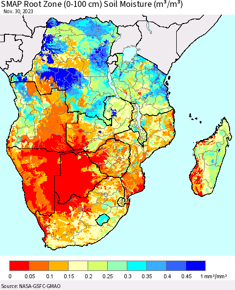 Southern Africa SMAP Root Zone (0-100 cm) Soil Moisture (m³/m³) Thematic Map For 11/26/2023 - 11/30/2023