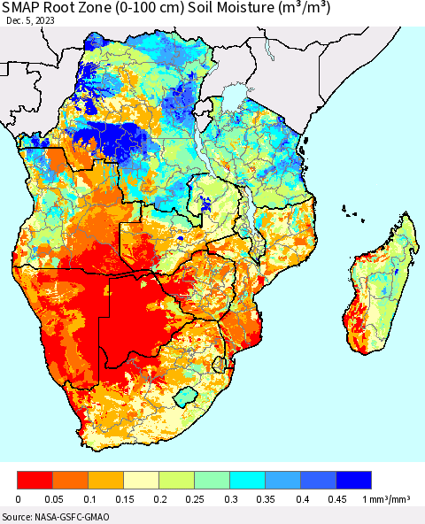 Southern Africa SMAP Root Zone (0-100 cm) Soil Moisture (m³/m³) Thematic Map For 12/1/2023 - 12/5/2023