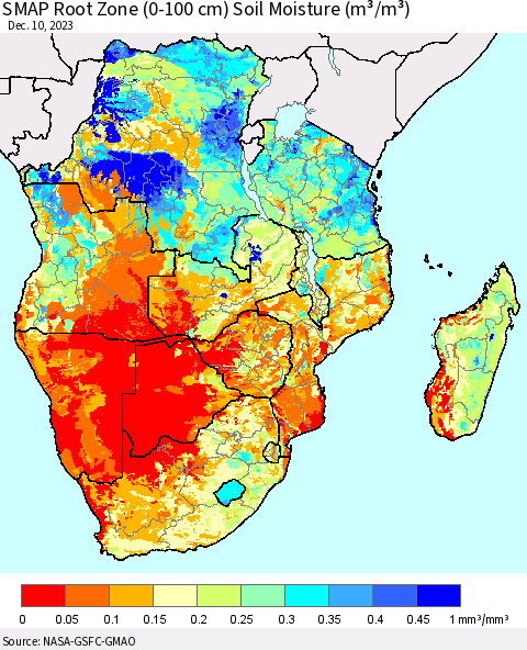 Southern Africa SMAP Root Zone (0-100 cm) Soil Moisture (m³/m³) Thematic Map For 12/6/2023 - 12/10/2023