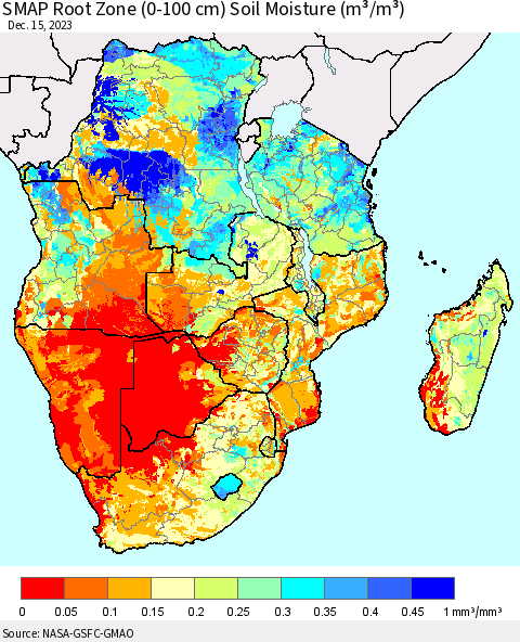 Southern Africa SMAP Root Zone (0-100 cm) Soil Moisture (m³/m³) Thematic Map For 12/11/2023 - 12/15/2023