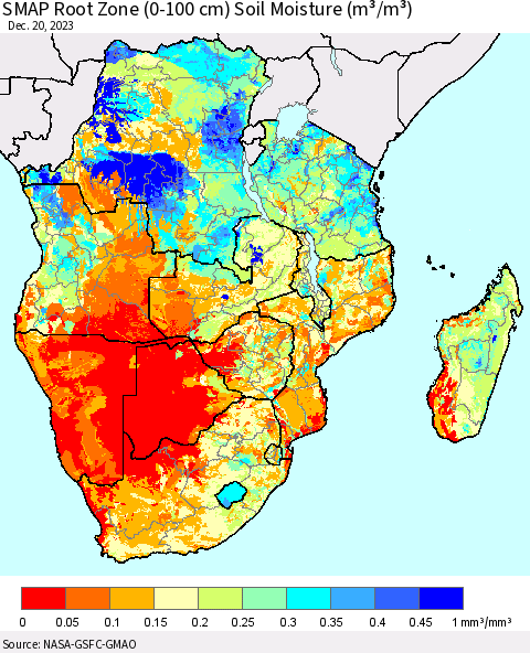 Southern Africa SMAP Root Zone (0-100 cm) Soil Moisture (m³/m³) Thematic Map For 12/16/2023 - 12/20/2023