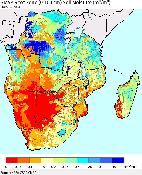 Southern Africa SMAP Root Zone (0-100 cm) Soil Moisture (m³/m³) Thematic Map For 12/21/2023 - 12/25/2023