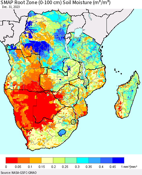 Southern Africa SMAP Root Zone (0-100 cm) Soil Moisture (m³/m³) Thematic Map For 12/26/2023 - 12/31/2023