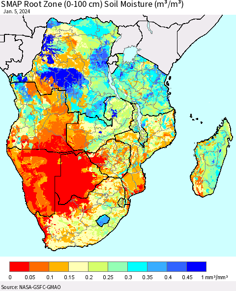 Southern Africa SMAP Root Zone (0-100 cm) Soil Moisture (m³/m³) Thematic Map For 1/1/2024 - 1/5/2024