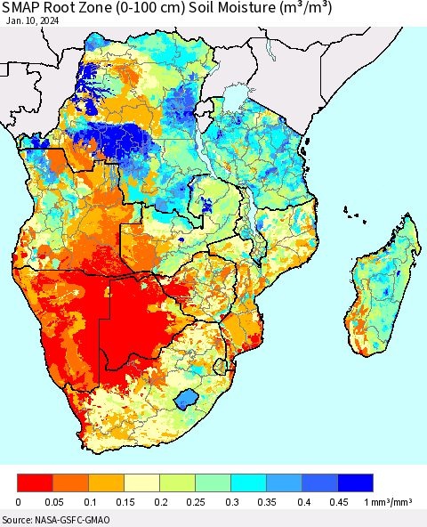 Southern Africa SMAP Root Zone (0-100 cm) Soil Moisture (m³/m³) Thematic Map For 1/6/2024 - 1/10/2024