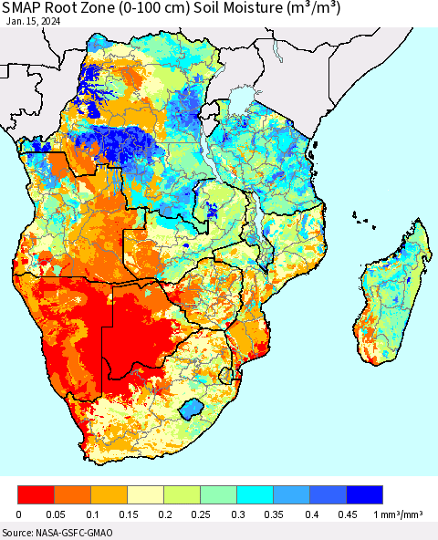 Southern Africa SMAP Root Zone (0-100 cm) Soil Moisture (m³/m³) Thematic Map For 1/11/2024 - 1/15/2024