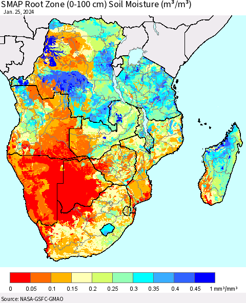 Southern Africa SMAP Root Zone (0-100 cm) Soil Moisture (m³/m³) Thematic Map For 1/21/2024 - 1/25/2024