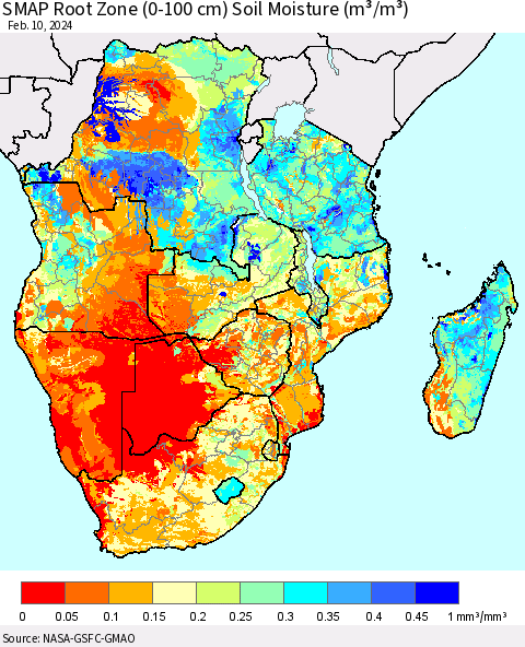 Southern Africa SMAP Root Zone (0-100 cm) Soil Moisture (m³/m³) Thematic Map For 2/6/2024 - 2/10/2024