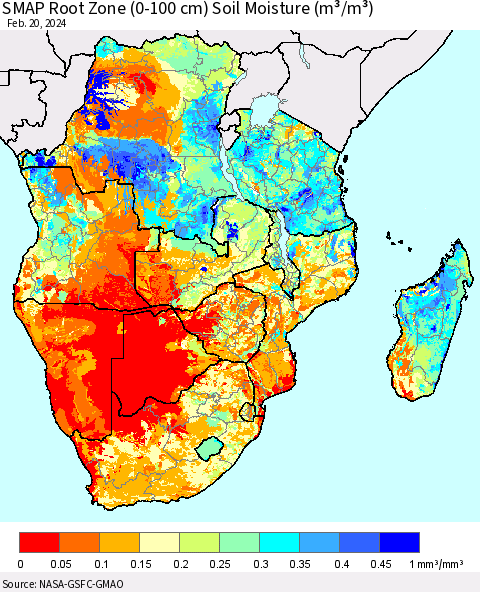 Southern Africa SMAP Root Zone (0-100 cm) Soil Moisture (m³/m³) Thematic Map For 2/16/2024 - 2/20/2024