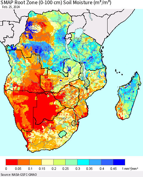 Southern Africa SMAP Root Zone (0-100 cm) Soil Moisture (m³/m³) Thematic Map For 2/21/2024 - 2/25/2024