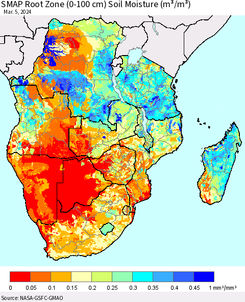 Southern Africa SMAP Root Zone (0-100 cm) Soil Moisture (m³/m³) Thematic Map For 3/1/2024 - 3/5/2024
