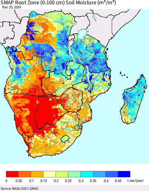 Southern Africa SMAP Root Zone (0-100 cm) Soil Moisture (m³/m³) Thematic Map For 3/16/2024 - 3/20/2024