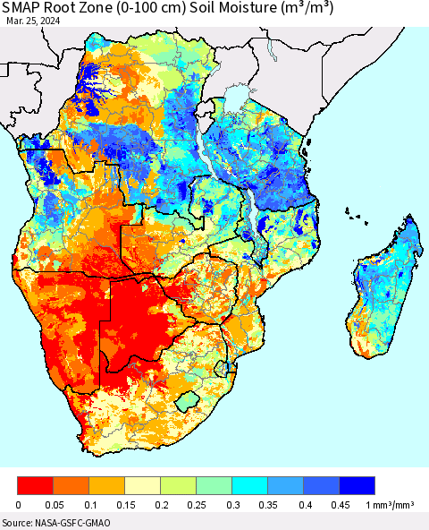 Southern Africa SMAP Root Zone (0-100 cm) Soil Moisture (m³/m³) Thematic Map For 3/21/2024 - 3/25/2024