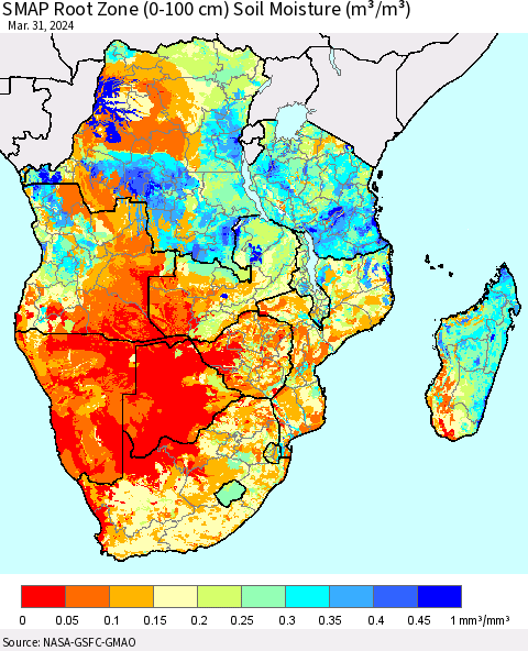Southern Africa SMAP Root Zone (0-100 cm) Soil Moisture (m³/m³) Thematic Map For 3/26/2024 - 3/31/2024