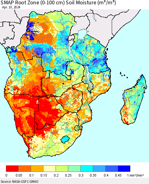 Southern Africa SMAP Root Zone (0-100 cm) Soil Moisture (m³/m³) Thematic Map For 4/6/2024 - 4/10/2024