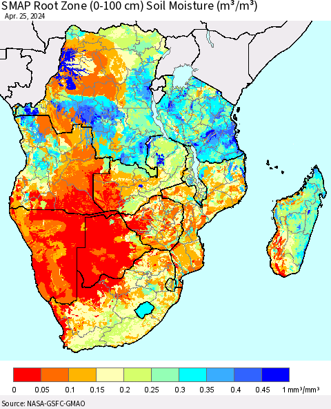 Southern Africa SMAP Root Zone (0-100 cm) Soil Moisture (m³/m³) Thematic Map For 4/21/2024 - 4/25/2024