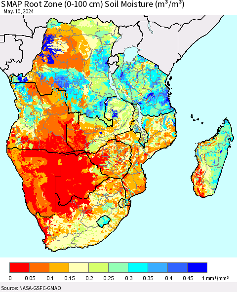 Southern Africa SMAP Root Zone (0-100 cm) Soil Moisture (m³/m³) Thematic Map For 5/6/2024 - 5/10/2024