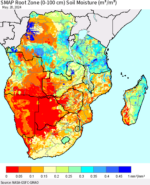 Southern Africa SMAP Root Zone (0-100 cm) Soil Moisture (m³/m³) Thematic Map For 5/16/2024 - 5/20/2024