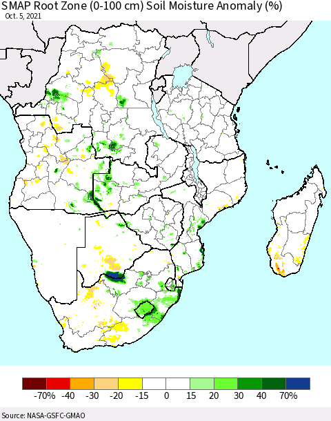 Southern Africa SMAP Root Zone (0-100 cm) Soil Moisture Anomaly (%) Thematic Map For 10/1/2021 - 10/5/2021