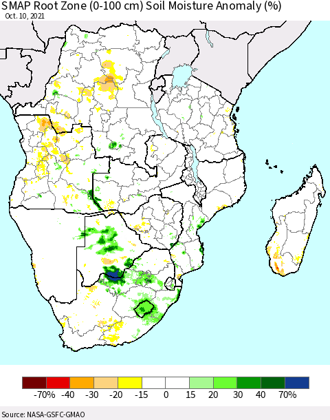 Southern Africa SMAP Root Zone (0-100 cm) Soil Moisture Anomaly (%) Thematic Map For 10/6/2021 - 10/10/2021