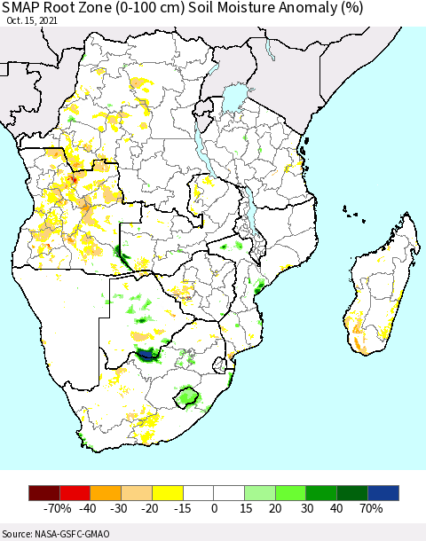 Southern Africa SMAP Root Zone (0-100 cm) Soil Moisture Anomaly (%) Thematic Map For 10/11/2021 - 10/15/2021