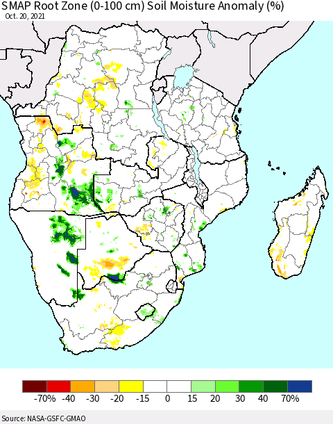 Southern Africa SMAP Root Zone (0-100 cm) Soil Moisture Anomaly (%) Thematic Map For 10/16/2021 - 10/20/2021