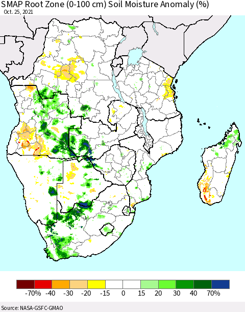 Southern Africa SMAP Root Zone (0-100 cm) Soil Moisture Anomaly (%) Thematic Map For 10/21/2021 - 10/25/2021