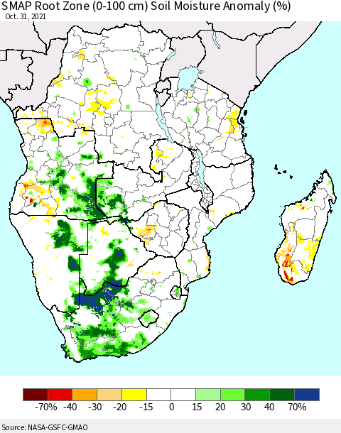 Southern Africa SMAP Root Zone (0-100 cm) Soil Moisture Anomaly (%) Thematic Map For 10/26/2021 - 10/31/2021