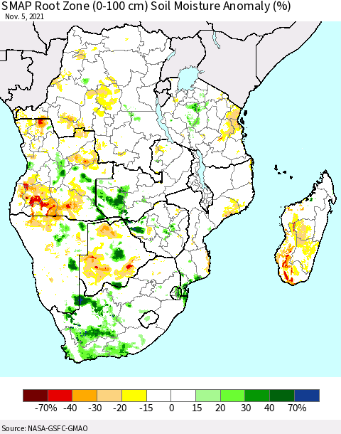 Southern Africa SMAP Root Zone (0-100 cm) Soil Moisture Anomaly (%) Thematic Map For 11/1/2021 - 11/5/2021