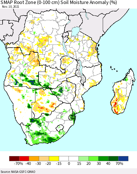 Southern Africa SMAP Root Zone (0-100 cm) Soil Moisture Anomaly (%) Thematic Map For 11/6/2021 - 11/10/2021
