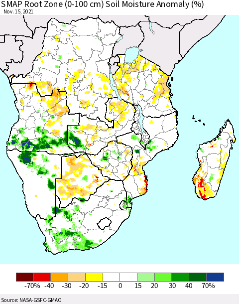 Southern Africa SMAP Root Zone (0-100 cm) Soil Moisture Anomaly (%) Thematic Map For 11/11/2021 - 11/15/2021