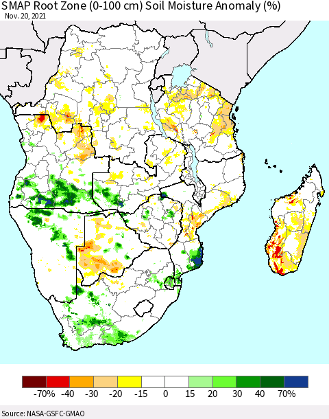 Southern Africa SMAP Root Zone (0-100 cm) Soil Moisture Anomaly (%) Thematic Map For 11/16/2021 - 11/20/2021