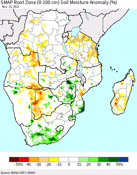 Southern Africa SMAP Root Zone (0-100 cm) Soil Moisture Anomaly (%) Thematic Map For 11/21/2021 - 11/25/2021