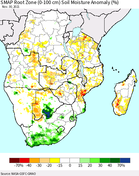 Southern Africa SMAP Root Zone (0-100 cm) Soil Moisture Anomaly (%) Thematic Map For 11/26/2021 - 11/30/2021