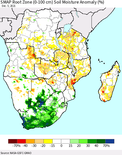 Southern Africa SMAP Root Zone (0-100 cm) Soil Moisture Anomaly (%) Thematic Map For 12/1/2021 - 12/5/2021