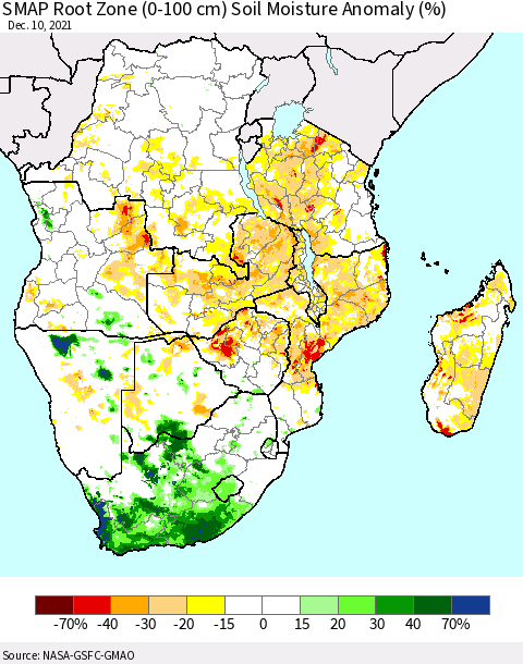 Southern Africa SMAP Root Zone (0-100 cm) Soil Moisture Anomaly (%) Thematic Map For 12/6/2021 - 12/10/2021