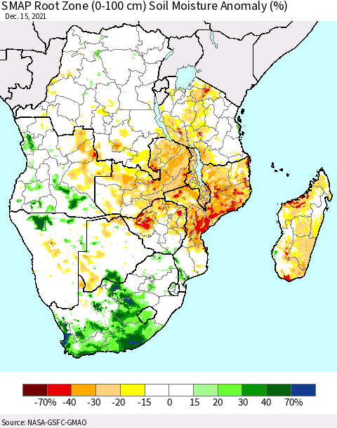 Southern Africa SMAP Root Zone (0-100 cm) Soil Moisture Anomaly (%) Thematic Map For 12/11/2021 - 12/15/2021