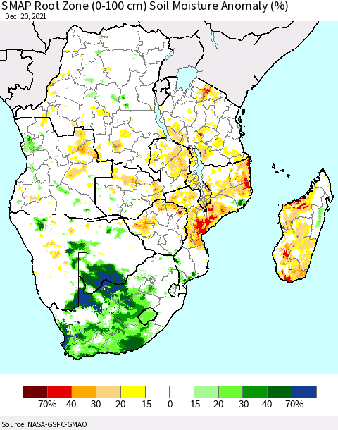 Southern Africa SMAP Root Zone (0-100 cm) Soil Moisture Anomaly (%) Thematic Map For 12/16/2021 - 12/20/2021