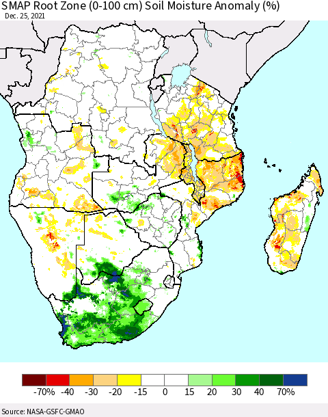 Southern Africa SMAP Root Zone (0-100 cm) Soil Moisture Anomaly (%) Thematic Map For 12/21/2021 - 12/25/2021