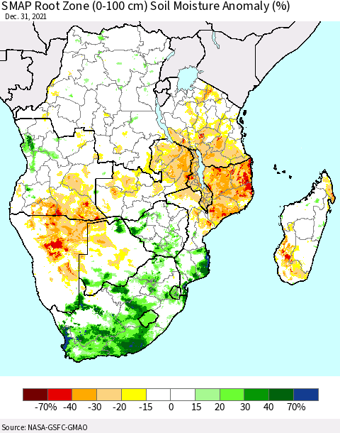 Southern Africa SMAP Root Zone (0-100 cm) Soil Moisture Anomaly (%) Thematic Map For 12/26/2021 - 12/31/2021