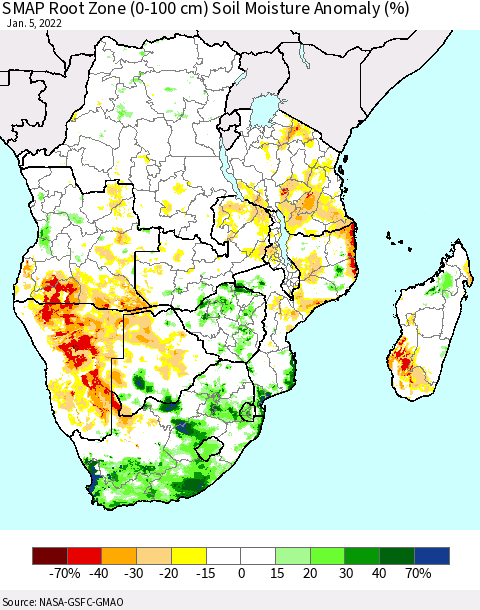 Southern Africa SMAP Root Zone (0-100 cm) Soil Moisture Anomaly (%) Thematic Map For 1/1/2022 - 1/5/2022