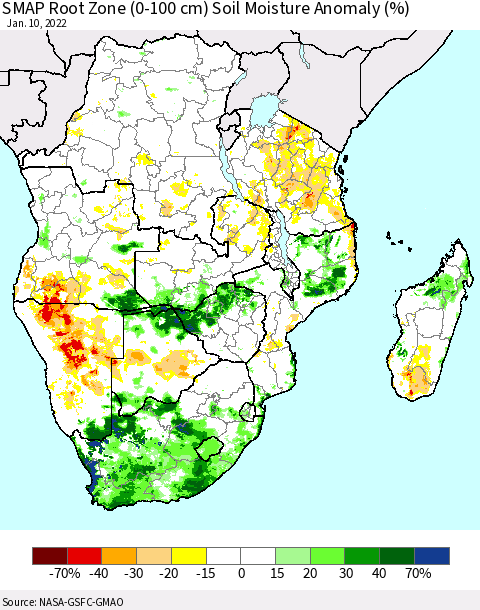 Southern Africa SMAP Root Zone (0-100 cm) Soil Moisture Anomaly (%) Thematic Map For 1/6/2022 - 1/10/2022