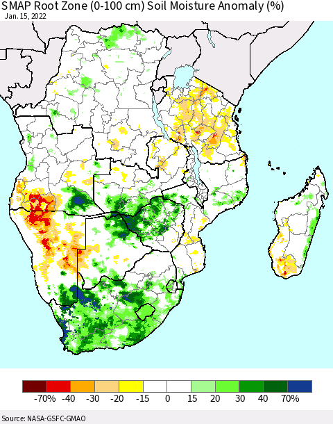 Southern Africa SMAP Root Zone (0-100 cm) Soil Moisture Anomaly (%) Thematic Map For 1/11/2022 - 1/15/2022