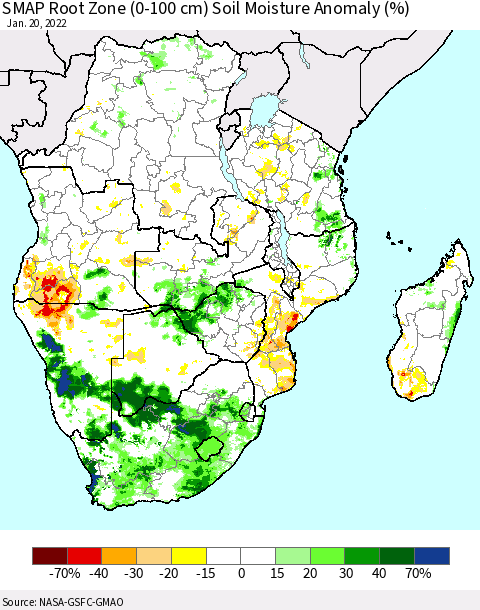 Southern Africa SMAP Root Zone (0-100 cm) Soil Moisture Anomaly (%) Thematic Map For 1/16/2022 - 1/20/2022