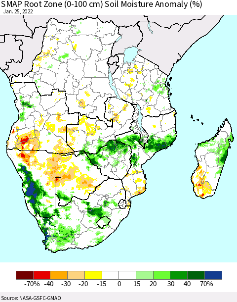 Southern Africa SMAP Root Zone (0-100 cm) Soil Moisture Anomaly (%) Thematic Map For 1/21/2022 - 1/25/2022