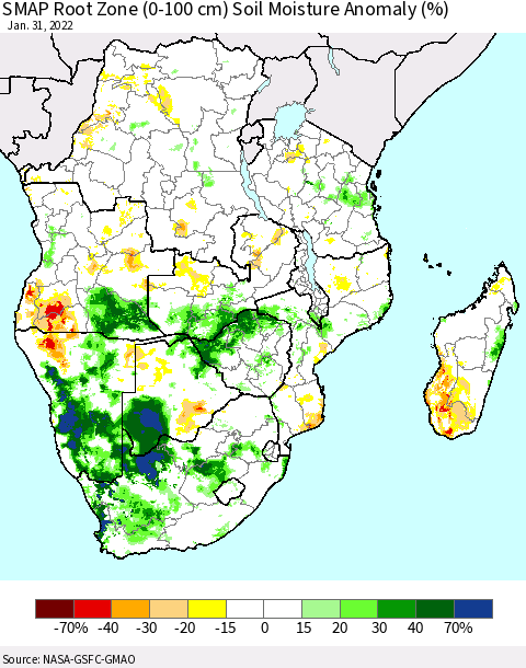 Southern Africa SMAP Root Zone (0-100 cm) Soil Moisture Anomaly (%) Thematic Map For 1/26/2022 - 1/31/2022