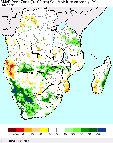 Southern Africa SMAP Root Zone (0-100 cm) Soil Moisture Anomaly (%) Thematic Map For 2/1/2022 - 2/5/2022